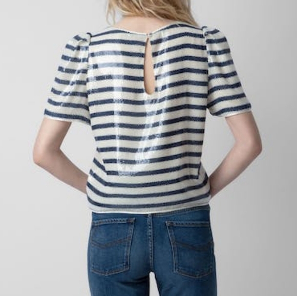 Zadig & Voltaire Tchao Sequin Striped Nautical Short Sleeve Top - Picture 4 of 12